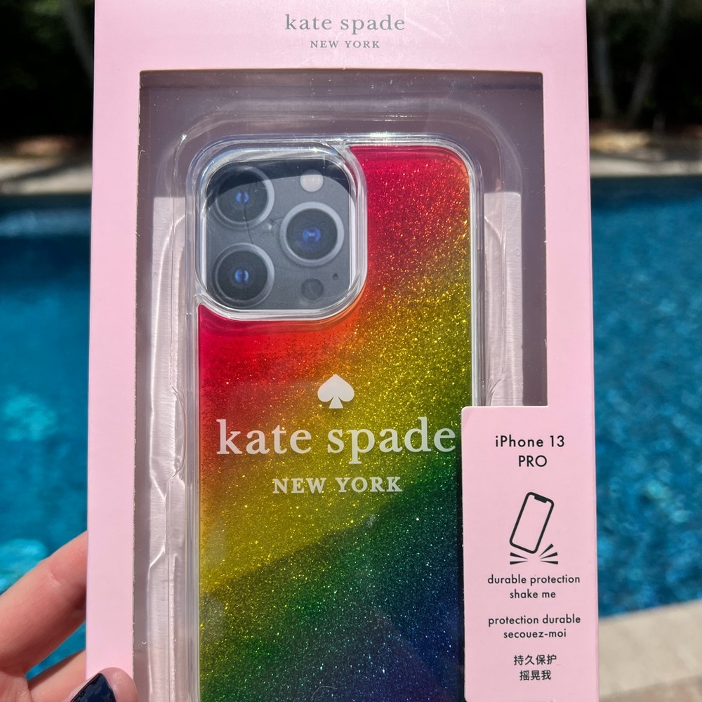 NWT Kate Spade iPhone 13 PRO case with rainbow glitter.